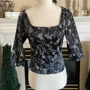 Beautiful grey -floral fitted short blouse /cotton -satin material